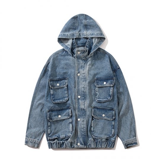 Multi-pocket Hooded Denim Jacket Men's Retro Casual Jackets - Click Image to Close