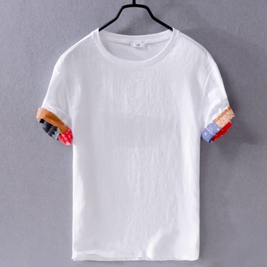 Mens Casual Linen Short-Sleeved T-Shirt White Round Neck - Click Image to Close