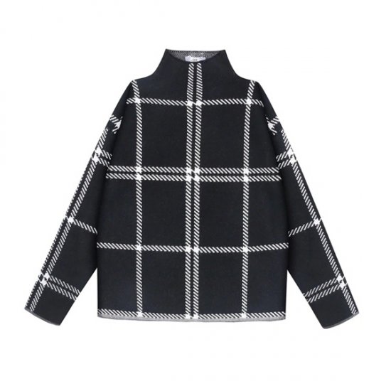 Women's Pullovers Sweater Plaid Turtleneck Knit Full Sleeve - Click Image to Close