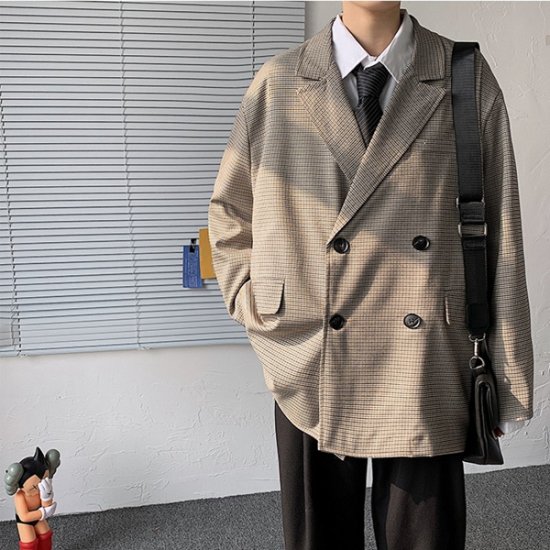 Vintage Jackets Men Micro Plaid Double Breasted Boxy Coat - Click Image to Close