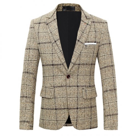 Blazer Jacket Plaid Suit Coat Mens Slim Fit Dress Tops Clothes - Click Image to Close