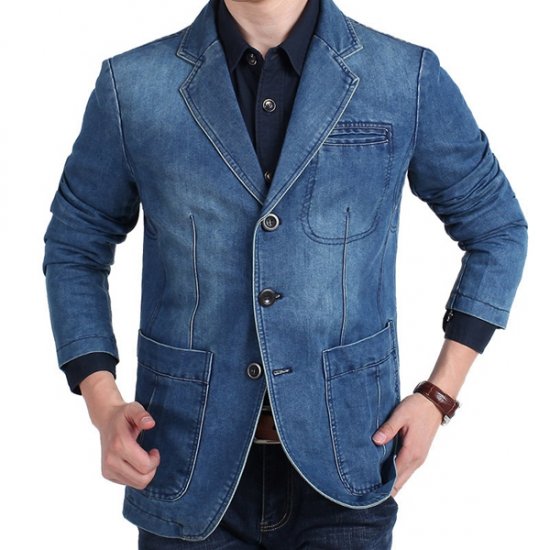 Mens Denim Blazer Men Fashion Cotton Vintage Suit Outerwear - Click Image to Close