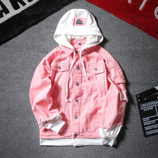 New Spring Fake Two Pieces Stitching Ripped Hooded Denim Jacket - Click Image to Close