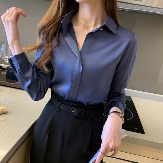 Silk Shirts Women Long Sleeve Office Lady Basic Shirt Top - Click Image to Close