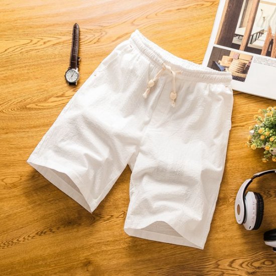 Men Loose Breathable Beach Shorts Linen Cotton Shorts - White - Click Image to Close