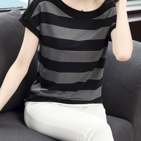 Cotton Black Striped Women Summer T-Shirts Casual O-Neck - Click Image to Close